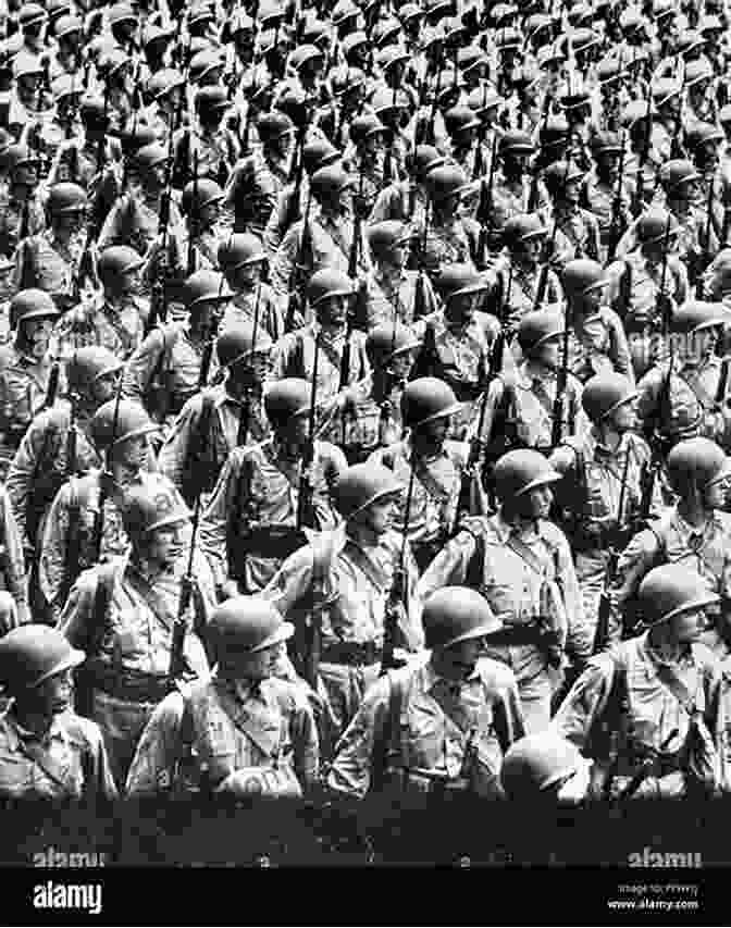 A Group Of Soldiers Marching In Formation During The 1940s. Rich History: Railroad Cars Yards Workers: Vibrant Images Of American Life From The 1940s